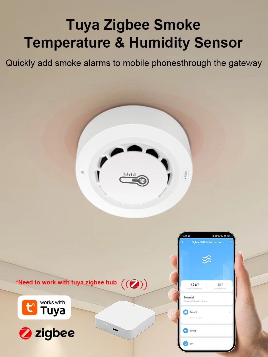 Alarm Kebakaran Asap Zigbee Real-Time Smart Life APP, Detektor Multifungsi Suhu dan Kelembapan