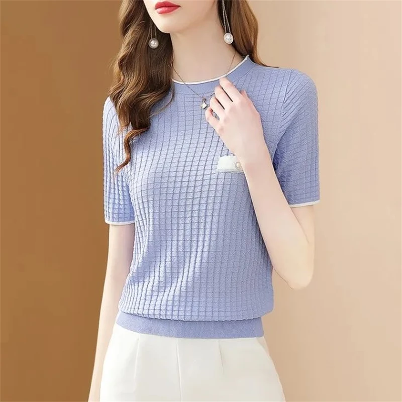 Women Korean Fashion Elegant Contrast Color Short Sleeve Knitted T Shirt 2024 Summer O Neck Slim Sweet Chic Tops Ropa De Mujer