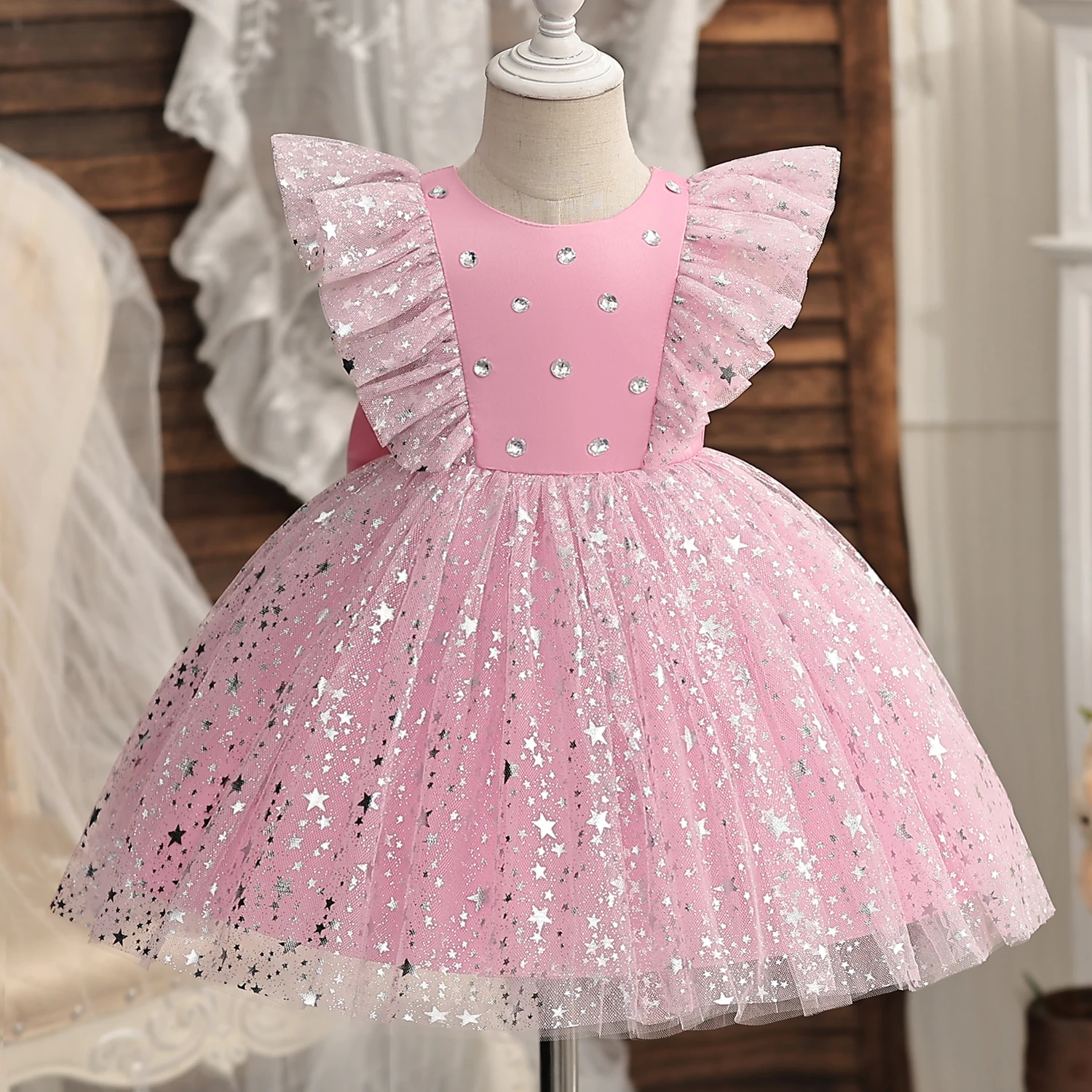 Girls Princess Dress Sequin Tutu Lace Mesh Birthday Prom Toddler Baby Kids Elegant Wedding Party Clothes Children Baptism Gown