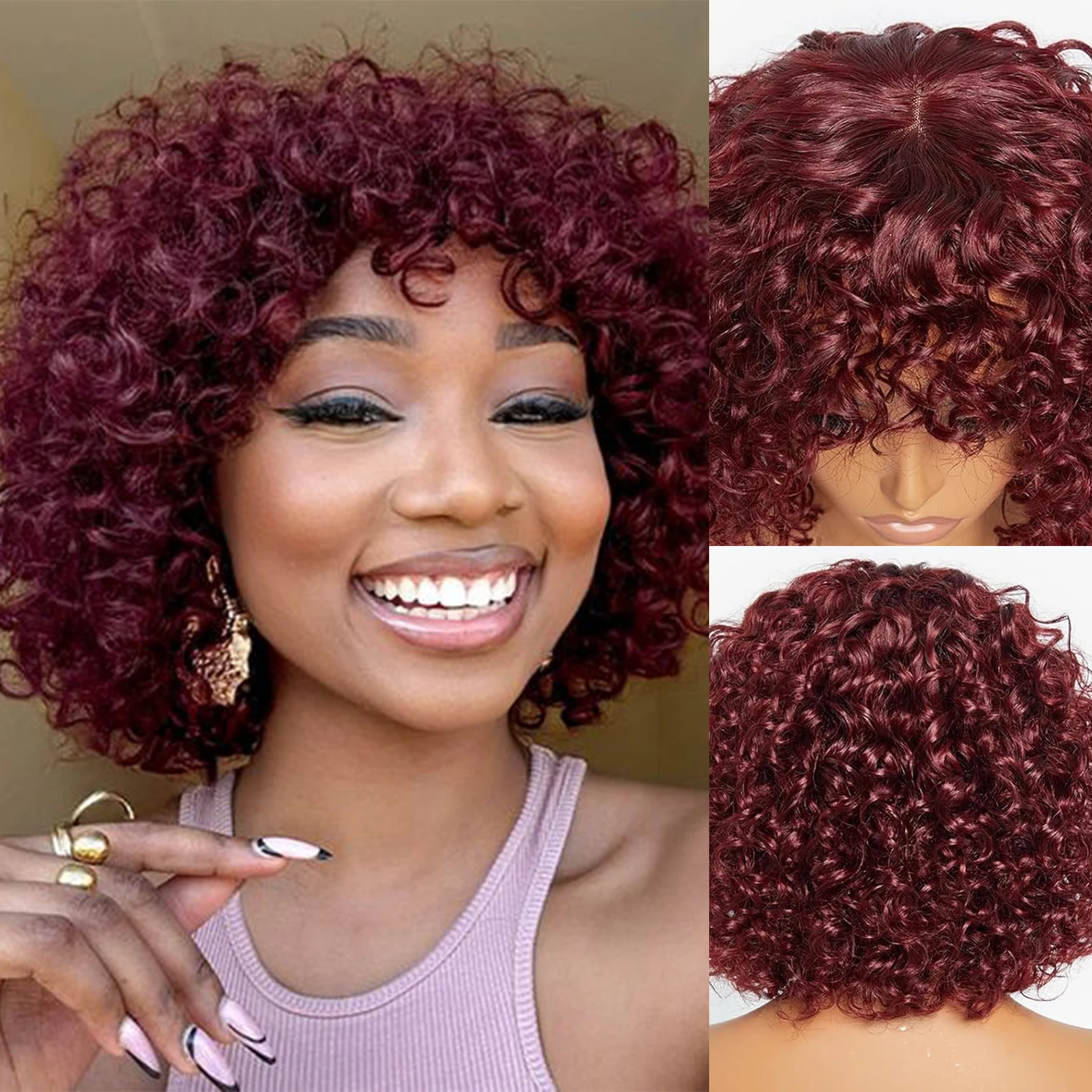 14インチ バーガンディレッド ディープウェーブ人毛ウィッグ 前髪付き フルマシンメイド カールショートボブウィッグ 100%レミーピクシーカットウィッグ 女性用