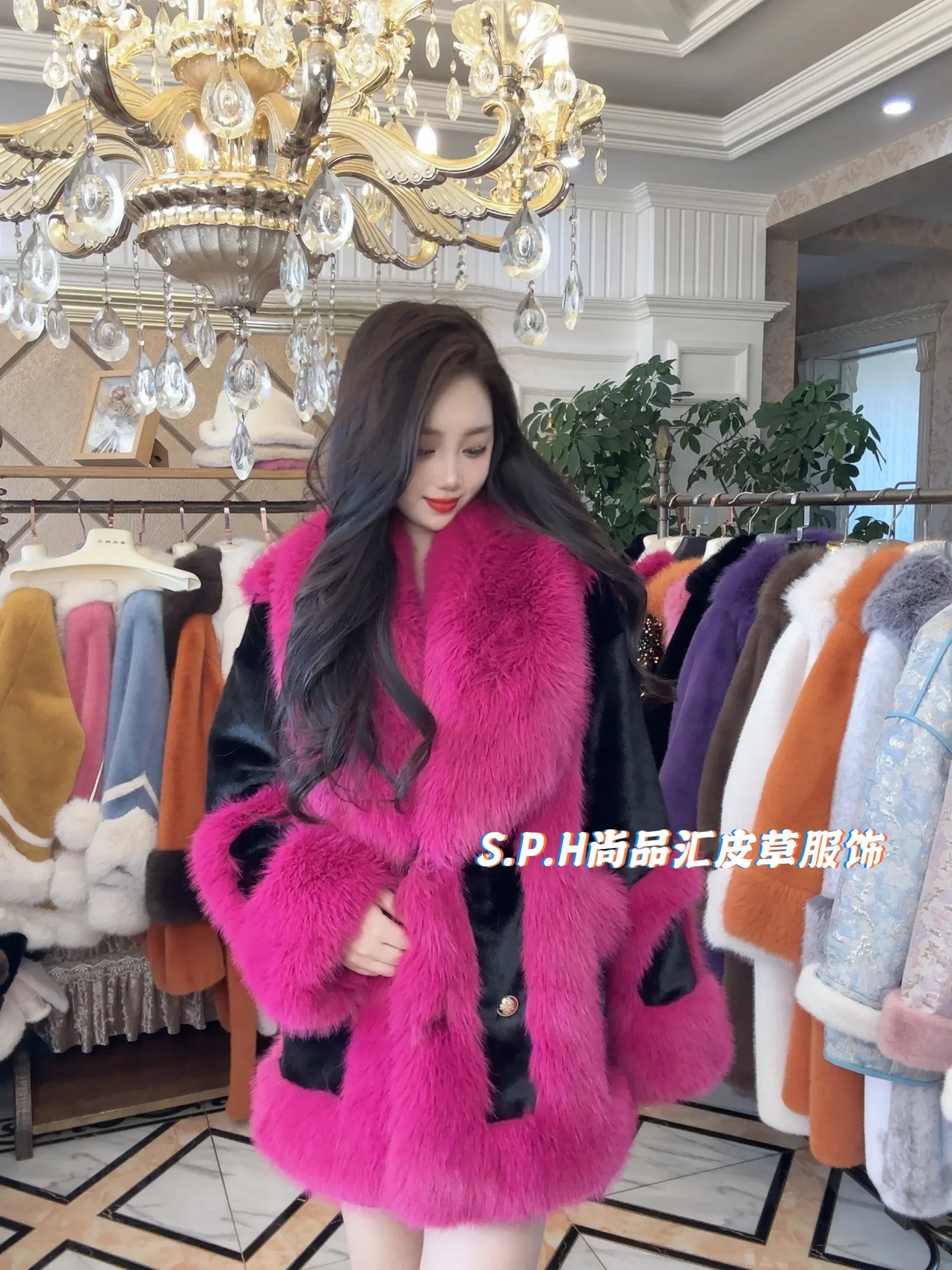 2023 Winter New Thicken Contrast Color Fur Fluffy Jacket Women's Big Fur Collar Mid-Length Mink Warm Long Sleeves Faux Fur Coat