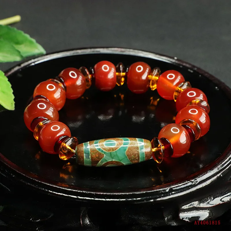 

Natural agate bucket bead bracelet, three-eye dzi bead bracelet, ethnic jewelry.
