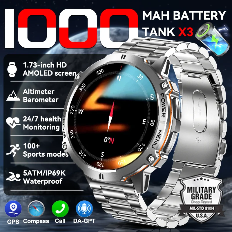 Nuevo reloj inteligente duradero con batería grande de 1000mAh para hombre, pantalla de 1,73 pulgadas, brújula GPS, 5ATM, resistente al agua, Bluetooth, llamada, reloj inteligente deportivo