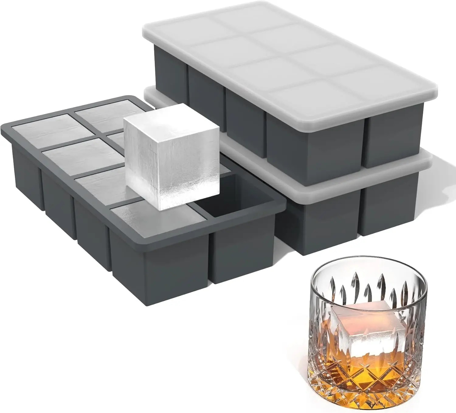 

Large Silicone Ice Cube Trays with Metal Frame, 3 Pack, Easy Release, Stackable with Lid, Grey