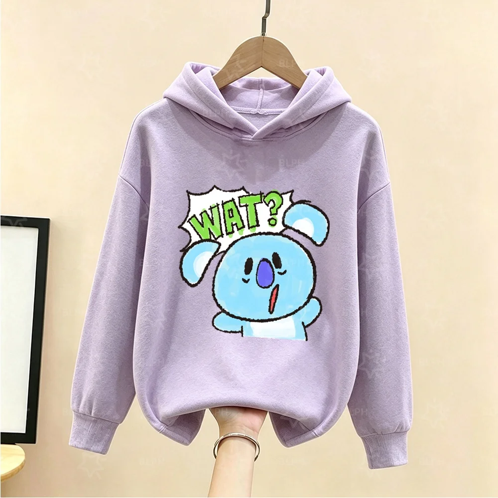 

Cute BT21 Inspired Blue Cartoon Character Print Kids Hoodie with "WAT" Design for Fashionable Children's Wear