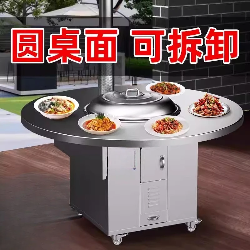 

There are sweet round tabletop firewood stove, firewood burning household rural large iron pot table materia