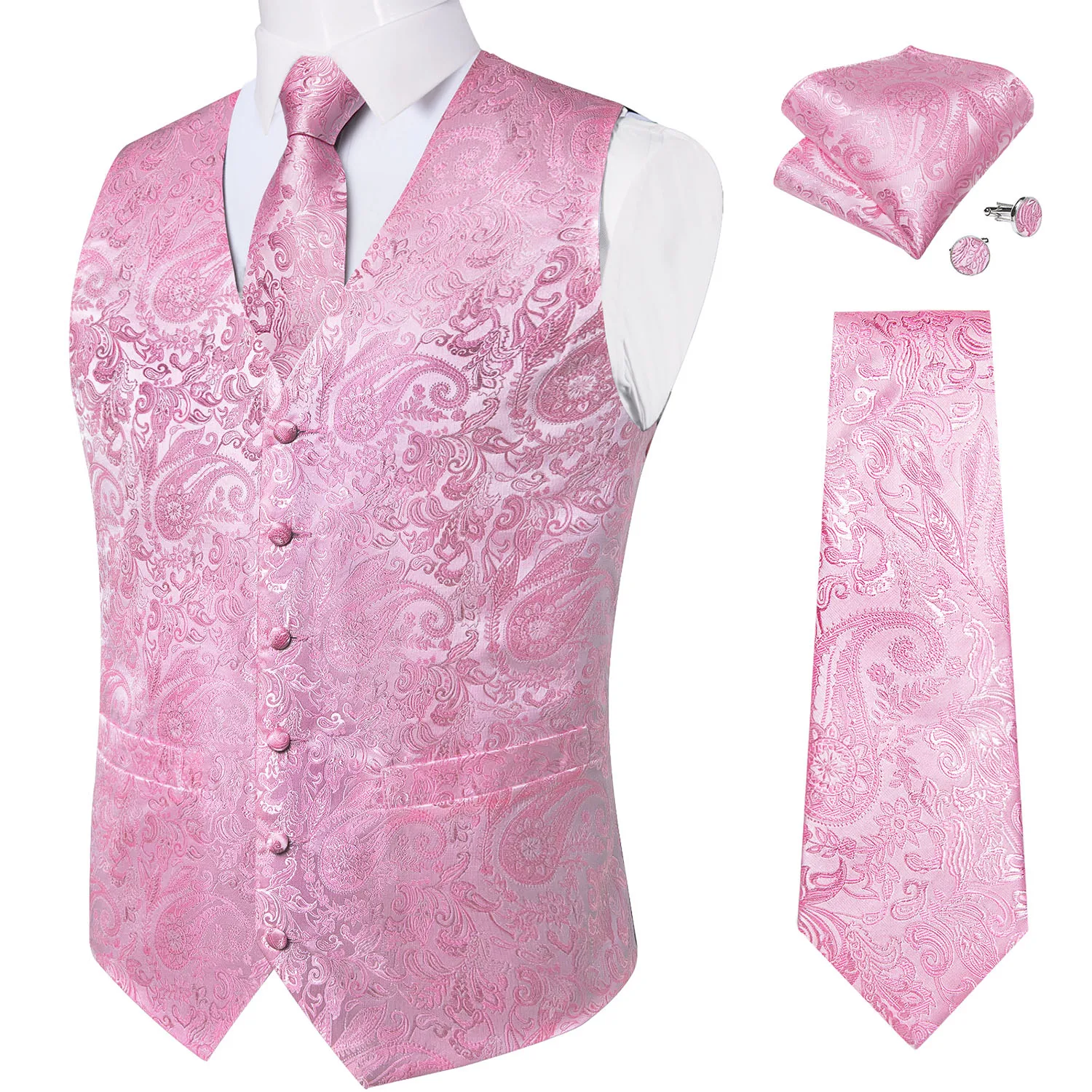 2023 New Pink Paisley Solid Men's Waistcoat Neck Tie Set Pocket Square Cufflinks Business Wedding Party Tuxedo Silk Vests