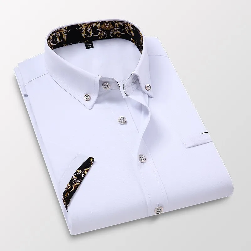 Men's New Printing Trend Non-ironing Business Casual Slim-fitting Professional Splicing Short-sleeved Shirts for Men