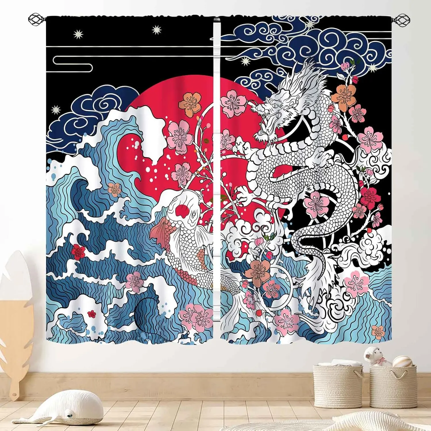 Cortinas japonesas, estilo asiático, onda japonesa, dragón chino, flor de cerezo, estética oriental tradicional, cortinas de ventana de anime