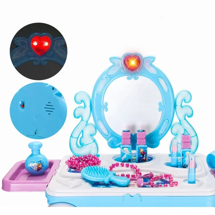 Disney-Frozen Trolley Case para crianças, 2 em 1, Playset de maquiagem, Simulação Kitchen Set, Play House, Brinquedos para meninas, melhor presente, Luzes LED