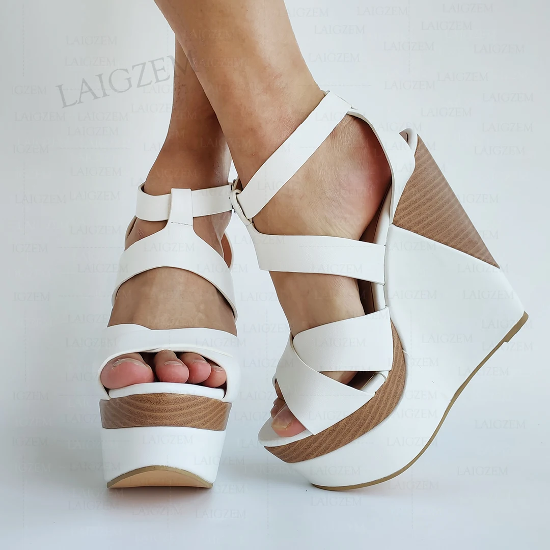 LAIGZEM Women Sandals Platform Wedges Patchwork High Heels Pumps Height Increase Ankle Strap Shoes Woman Big Size 38 43 45 48 52