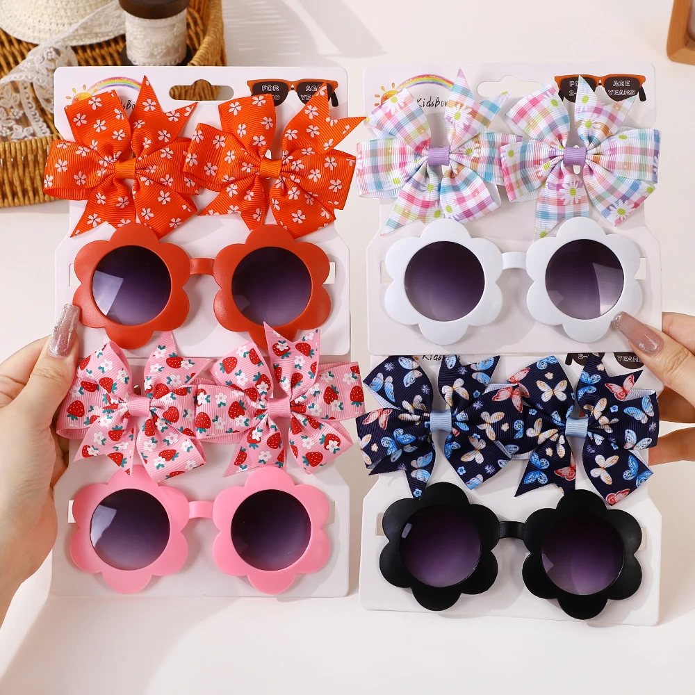 3Pcs/set Kids Cute Solid Dot Hairpin Colorful Heart Sun Glasses Set Girls Boutique Bowknot Hair Clips Children Hair Accessories