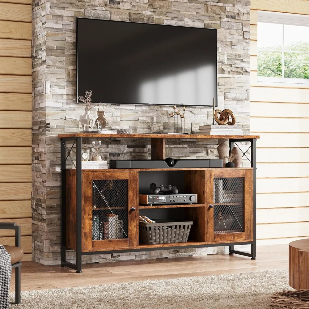 

55 inch TV stand, high entertainment center with storage space, farmhouse industrial TV console, bedroom living room, rust