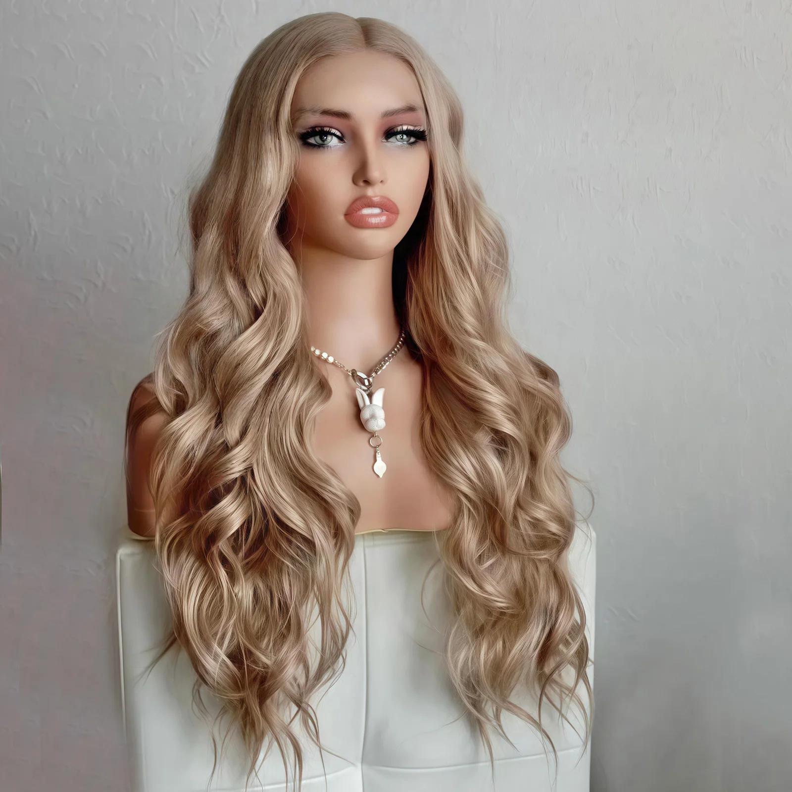 Dirty Blonde Long Curly Wavy Synthetic 13X4 Loose Body Wave Synthetic Lace Front Wigs for Women Middle Part Ash Blonde Glueless