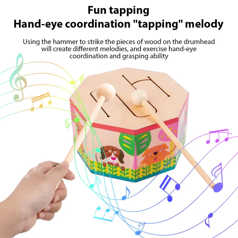 

Мультяшный деревянный барабан маленький 3-тоновый высокий средний низкий ручной барабан многоцветный ручной барабан деревянный восьмиугольный барабан перкуссионная функция