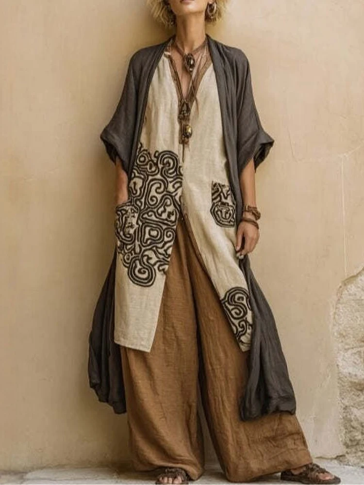 

Vintage Wide Leg Pants Sets Loose Pattern Print V-neck Dress&Coat 3 Piece Sets Casual 2026 Spring Summer Women's Commute Outfits