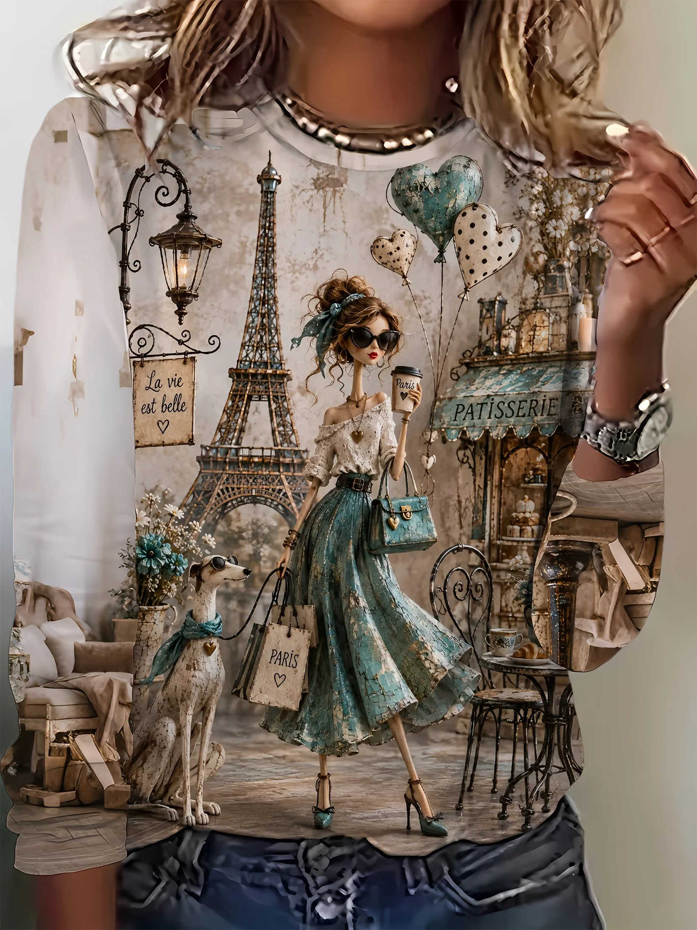 Women's Vintage Paris Eiffel Tower T-Shirt - French Streetwear Suitable for Paris Travel, Loose Fit Round Neck Long Sleeve Top with Iconic Landmark Print, Machine Washable Casual for Year-Round Wear