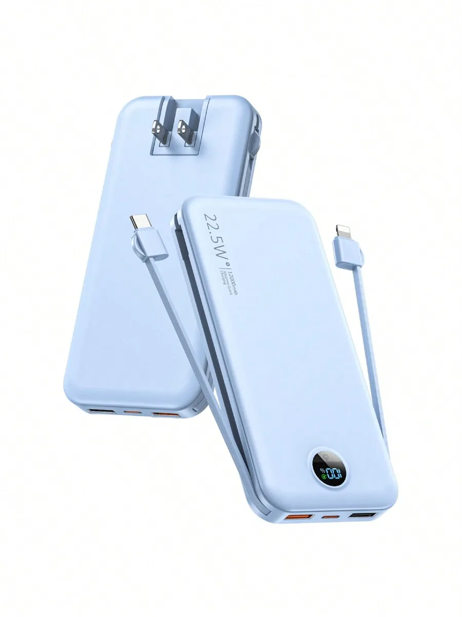 

Slim 12000mAh Power Bank With Built-In Cables And AC Plug, 22.5W Fast Charging USB C Portable Charger For iPhone Galaxy