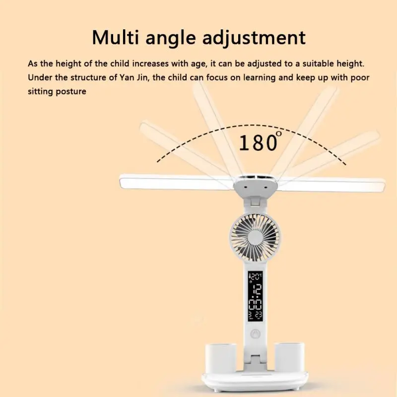 Rechargeable Table Lamp For Study, Desk Lamp Reading Light Led Table Light With Fan, Led Clock Dispaly Read Lamp Christmas Gift