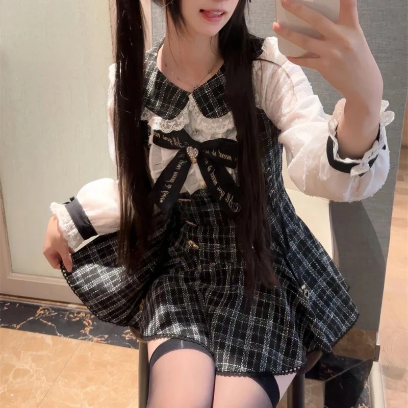 Japanese 2 Piece Dress Sets Women Bow Dress Shorts Set Lolita Sweet Long Sleeve Plaid Shirt Dresses Kawaii Lolita Y2k Outfits