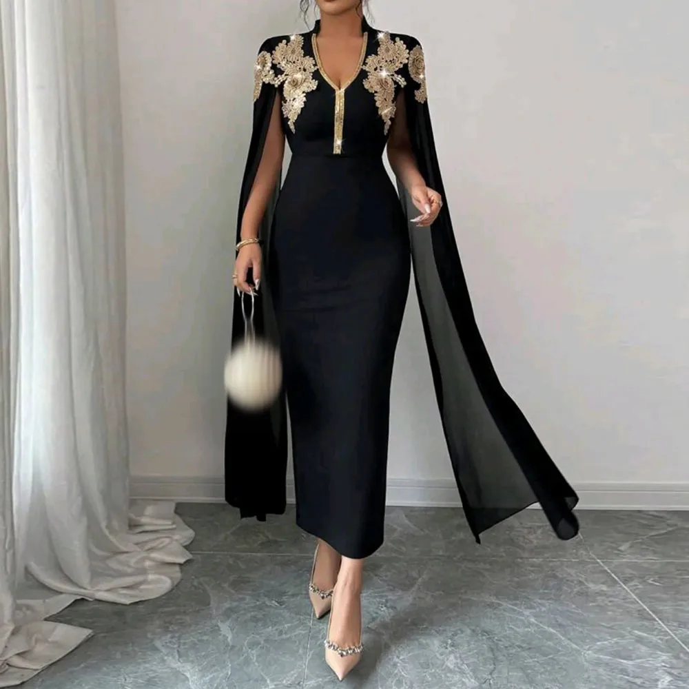 فساتين سهرة مستقيمة مخصصة بطول الكاحل ورقبة على شكل حرف V بدون أكمام فستان حفلات أنيق مطرز بسيط فستان حفلات ثنيات