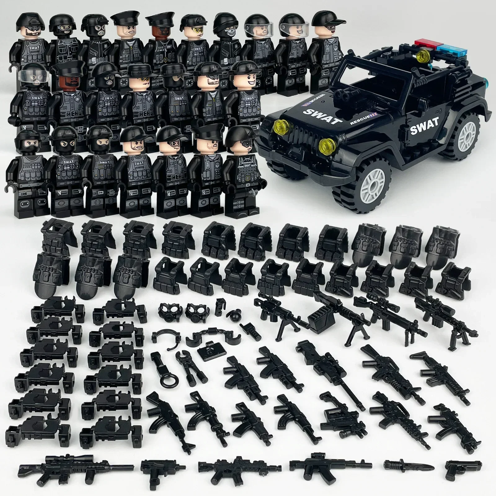 Décennie s de construction de figurines des forces spéciales militaires de la Seconde Guerre mondiale, soldat moderne, voiture de police, SWAT,