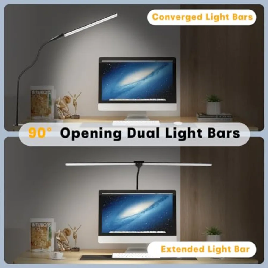 LED Desk Lamp for Home Office, 50 Brightness and Temperature Modes, Eye Protection, Dual Head Dimmable Table Light, 360° Adjust