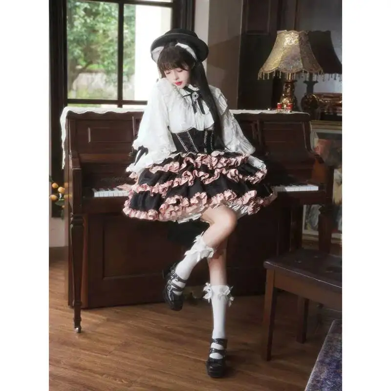 

Викторианское платье JSK в стиле сладкой лолиты для женщин, кавайное, милое, с кружевом, оборками, цветочным узором, бантом, в японском винтажном стиле, элегантное платье принцессы