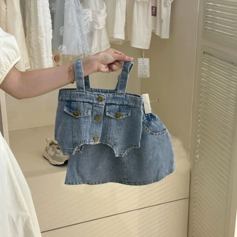 

2pcs Girls Denim Sets Children Fashion Camisole and Skirt Two-piece Set Summer Baby Casual Korean Style Childrens Clothing