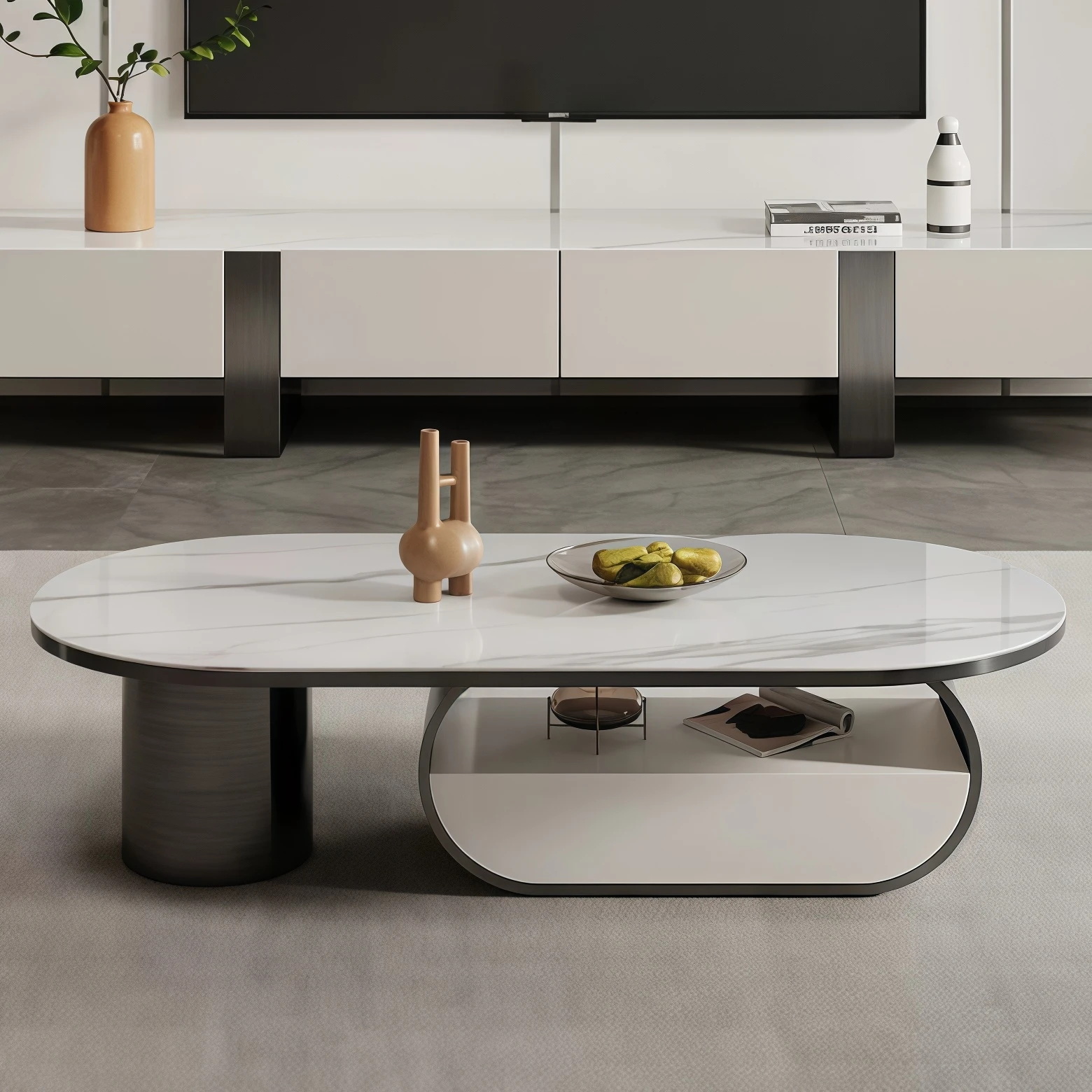 xx-Modern Italian Light Luxury Oval Rock Slab Coffee Table With Drawers Matching TV Cabinet for Home Living Room Combination&