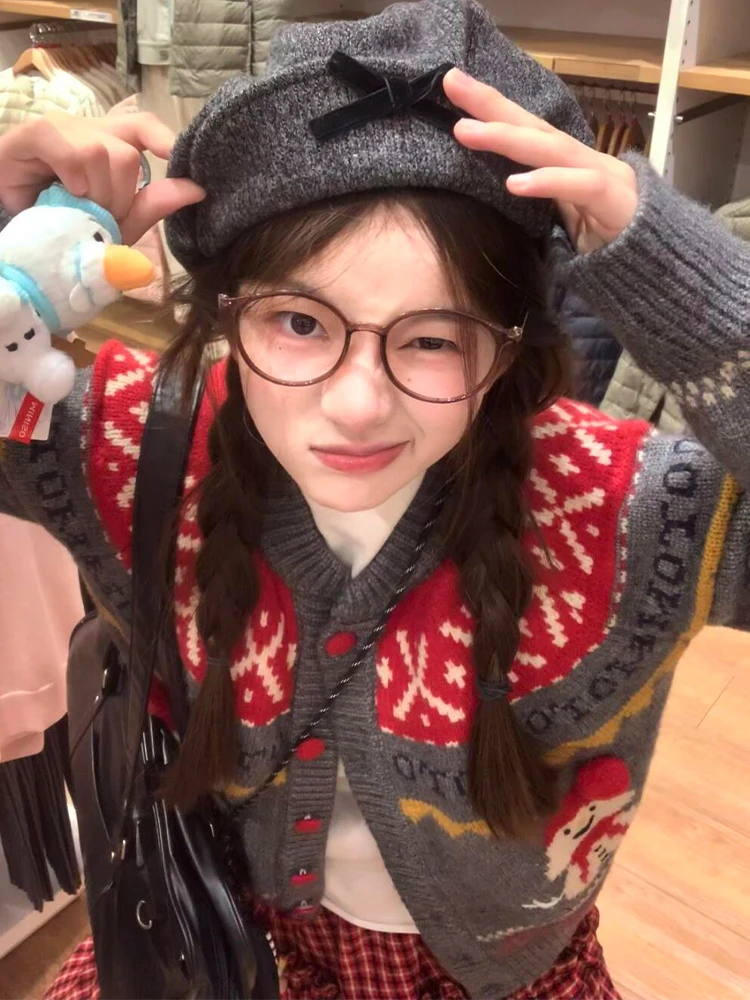 

Женский вязаный кардиган Cisas свободного кроя с узором «Снеговик», теплый, с открытым передом, для зимы