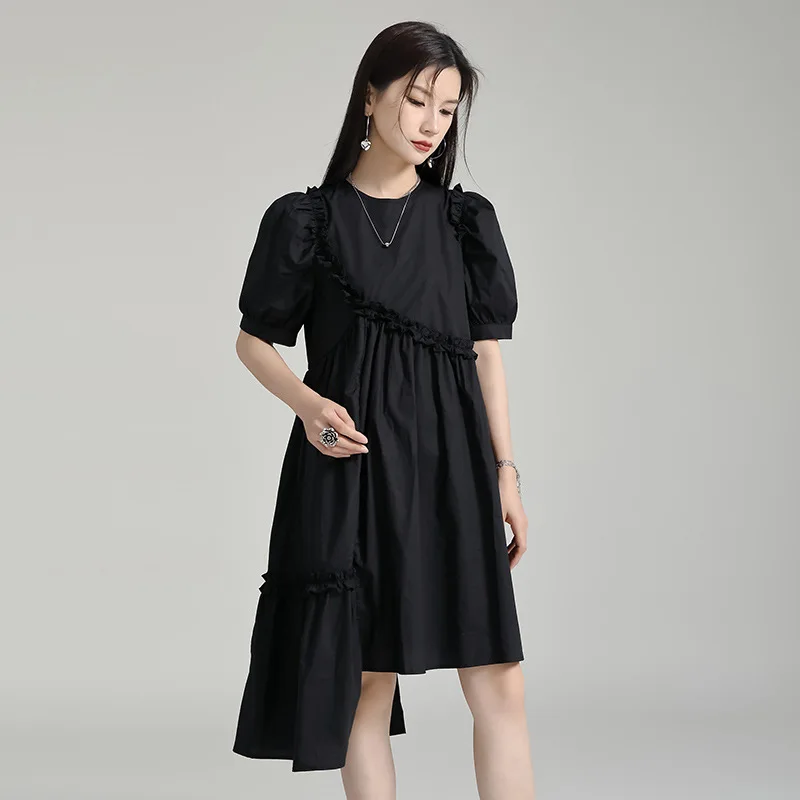 Summer minority design, medium length skirt, short sleeved irregular bubble sleeve, stringy selvedge women's dress