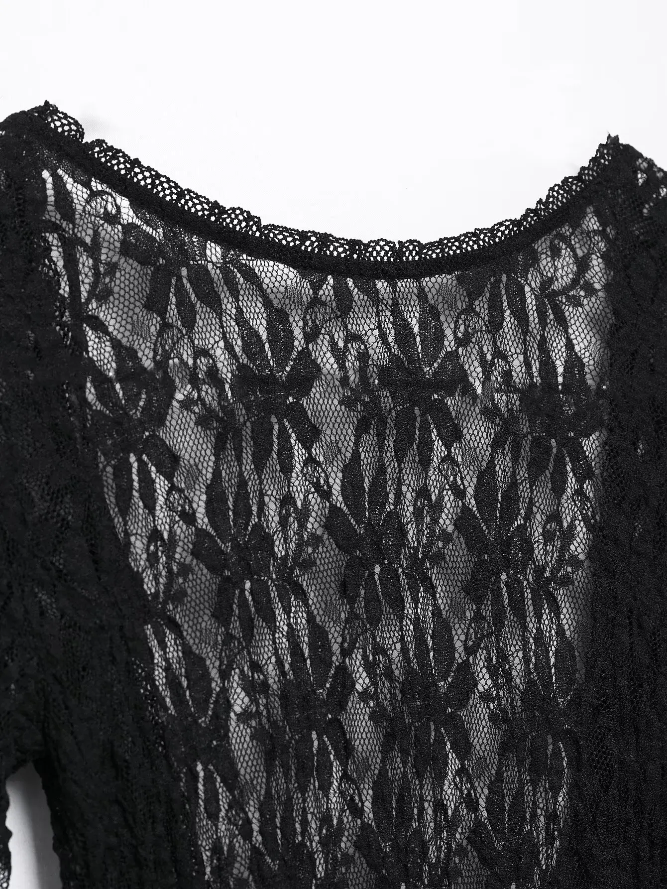 BWQ Vestido largo elegante de encaje negro de manga larga para mujer, diseño transparente, dobladillo acampanado, ideal para ocasiones formales y de fiesta 2025