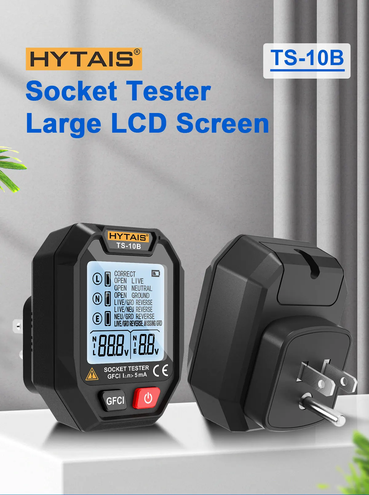 HYTAIS Digitaler Steckdosentester, Batterieleistung, intelligenter Detektor, große Hintergrundbeleuchtung, EU, US, UK, Stecker, Boden, Live, Nullleitung, Polarität, Phasenprüfung – Detail 1