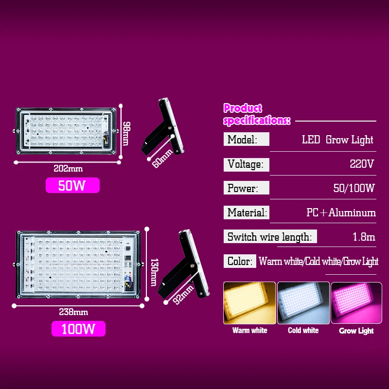 Lampu Phyto spektrum penuh, lampu tumbuh LED AC 220V 50W 100W dengan steker kontrol untuk dalam ruangan tumbuh tenda lampu pertumbuhan tanaman