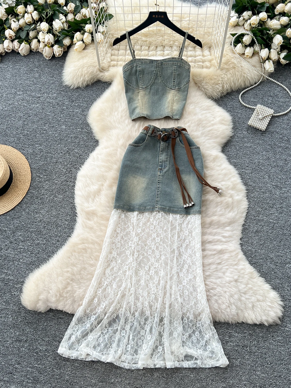 Conjunto de Verão F Estilo Retrô Americano, Top Cropped de Jeans com Renda e Saia , Moda Trendy