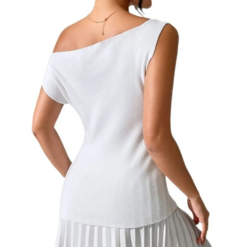 

Versatile Solid Color Sleeveless Knitted Vest Off-Shoulder Slim Fit T-Shirt Design European American Style Top