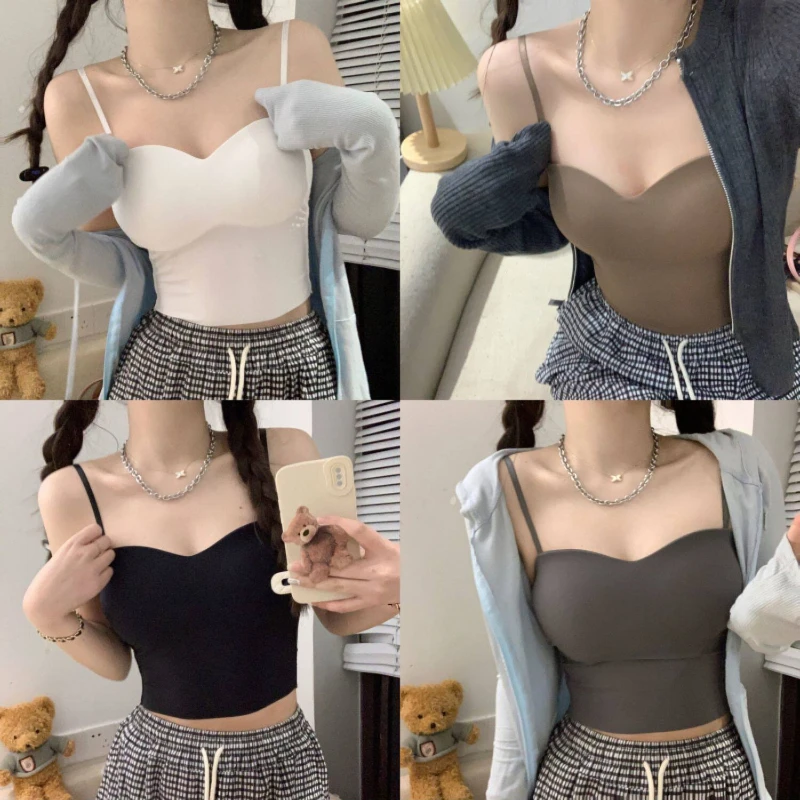 Sporty Casual Seamless Camisole Built-in Bra Padded Spaghetti Strap Tank Top for Women Girls Layering Back Smoothing Bralette