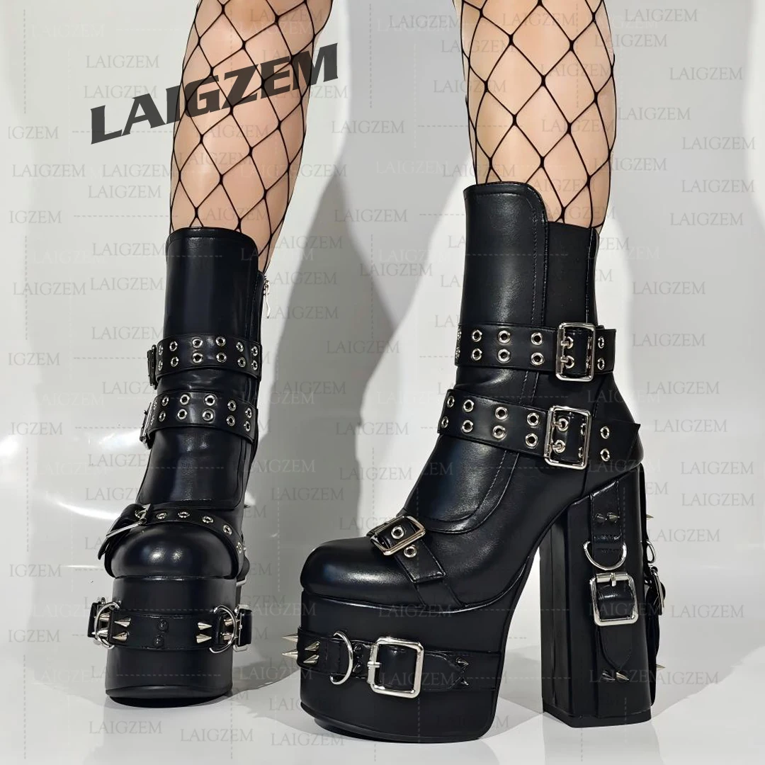 LAIGZEM Women Ankle Boots Platform Round Toe Thick Heels Boots Zip Up Studded Buckle Strap Gothic Punk Shoes Woman Size 36 39 43