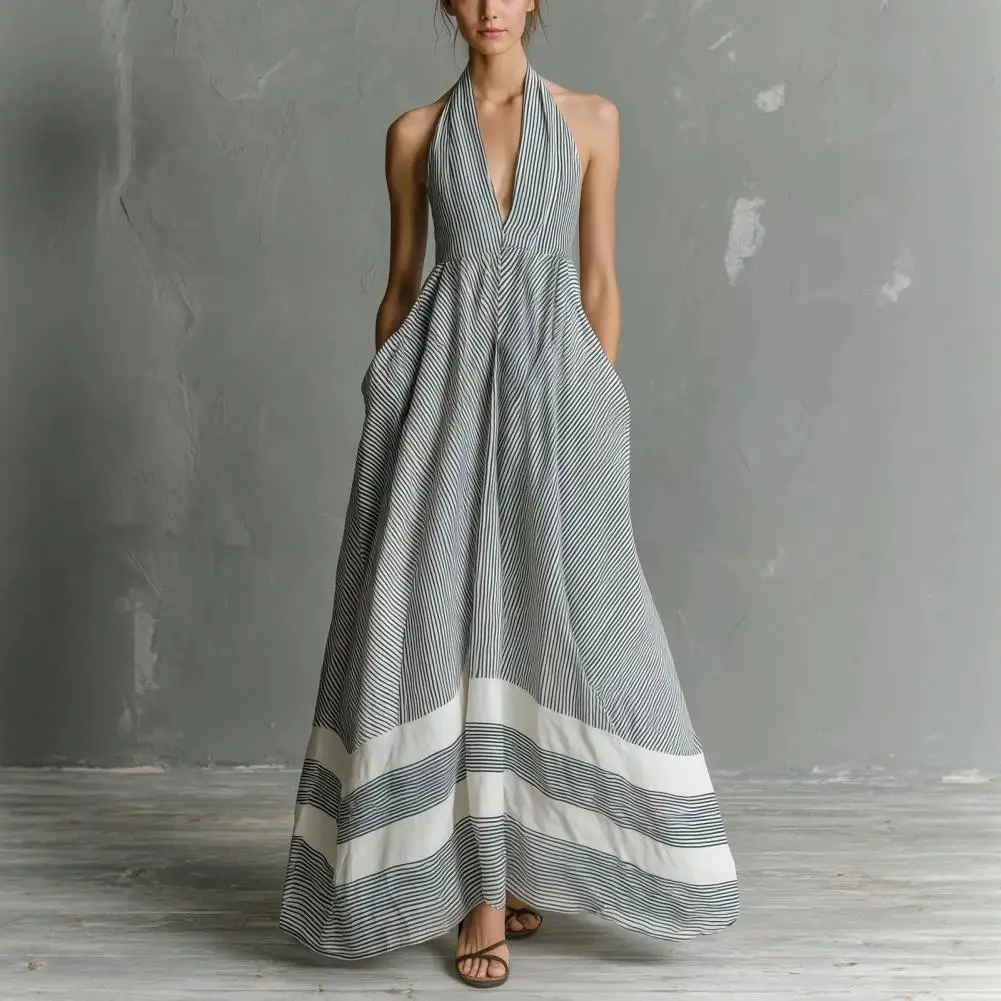 

Flattering Fit DressSleeveless Halter Printed V Neck A Line Long Dress, Striped Loose Fit Vacation Beach Dress with Pockets