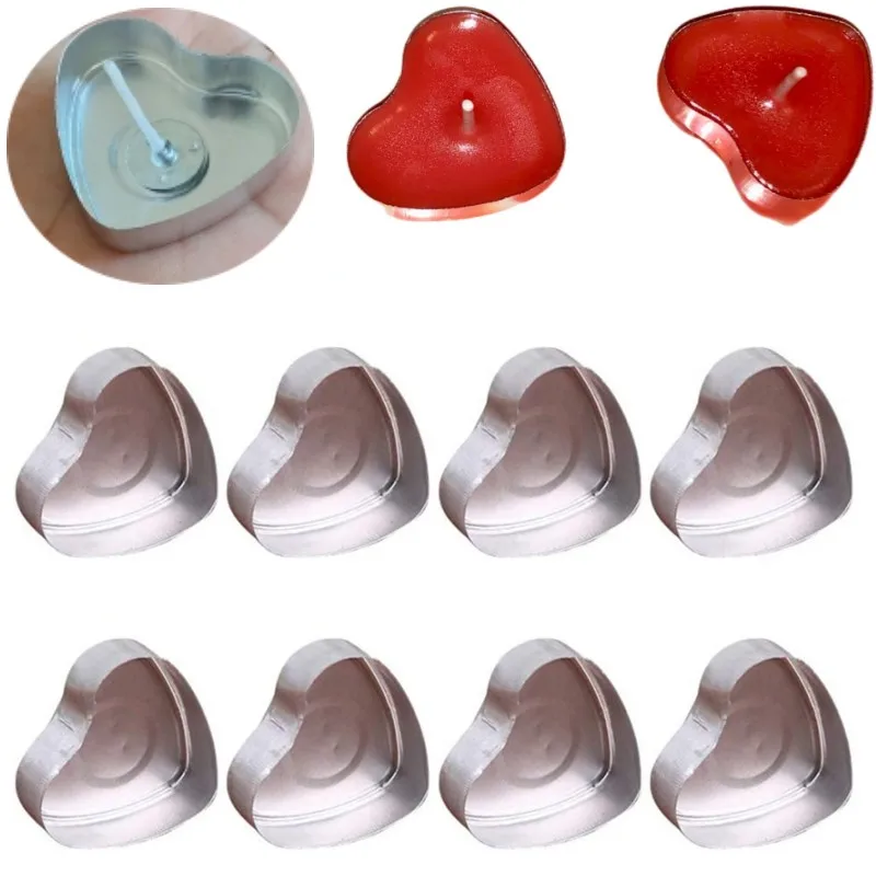 100 Sets Heart shaped Empty Aluminum Tealight Candle Wax Tins Jars Cases Containers Molds Holders for DIY Candle Making Tool