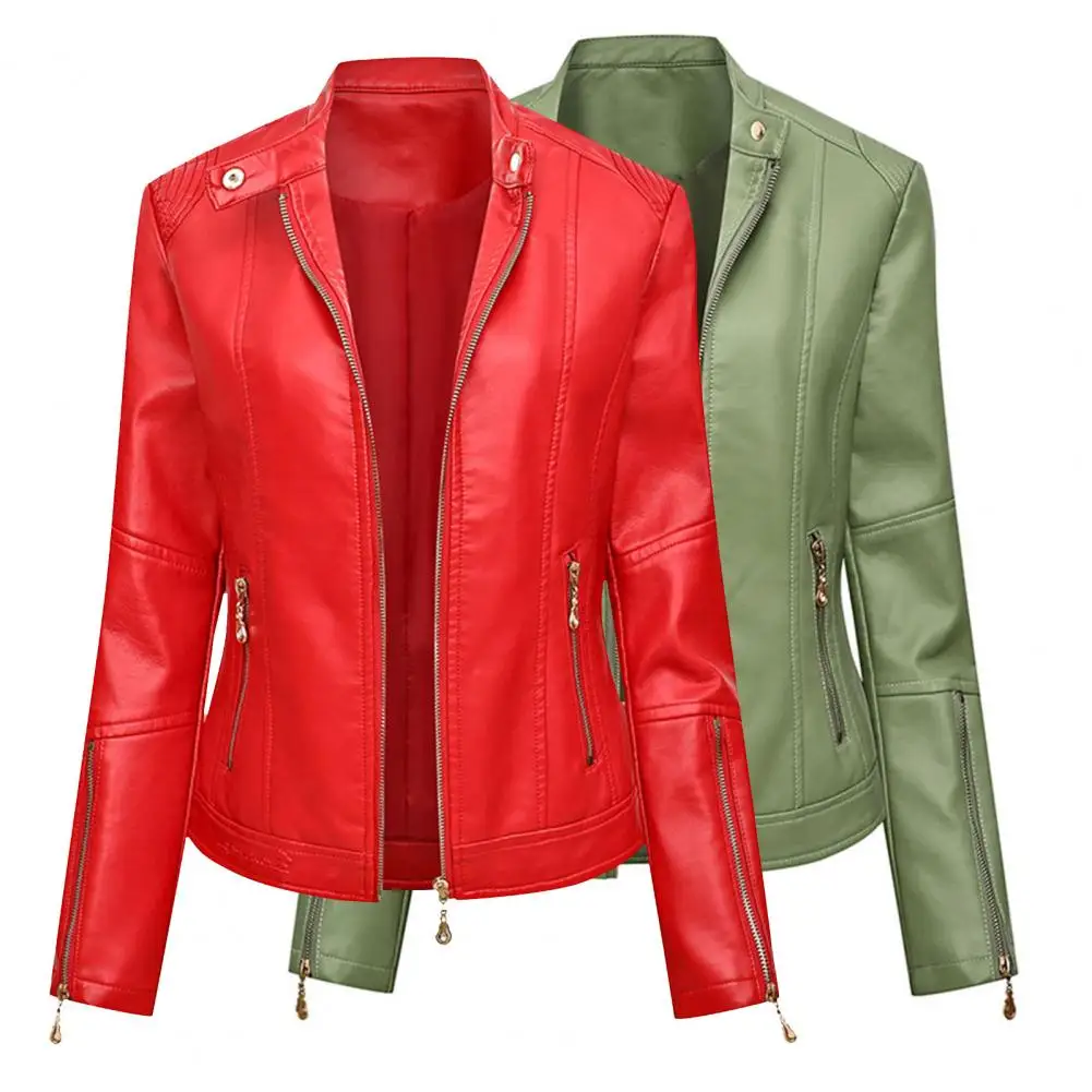 Great  Biker Coat Smooth All Match Women Coat Multi Zippers Wear Resistant Moto Jacket for Daily Wear