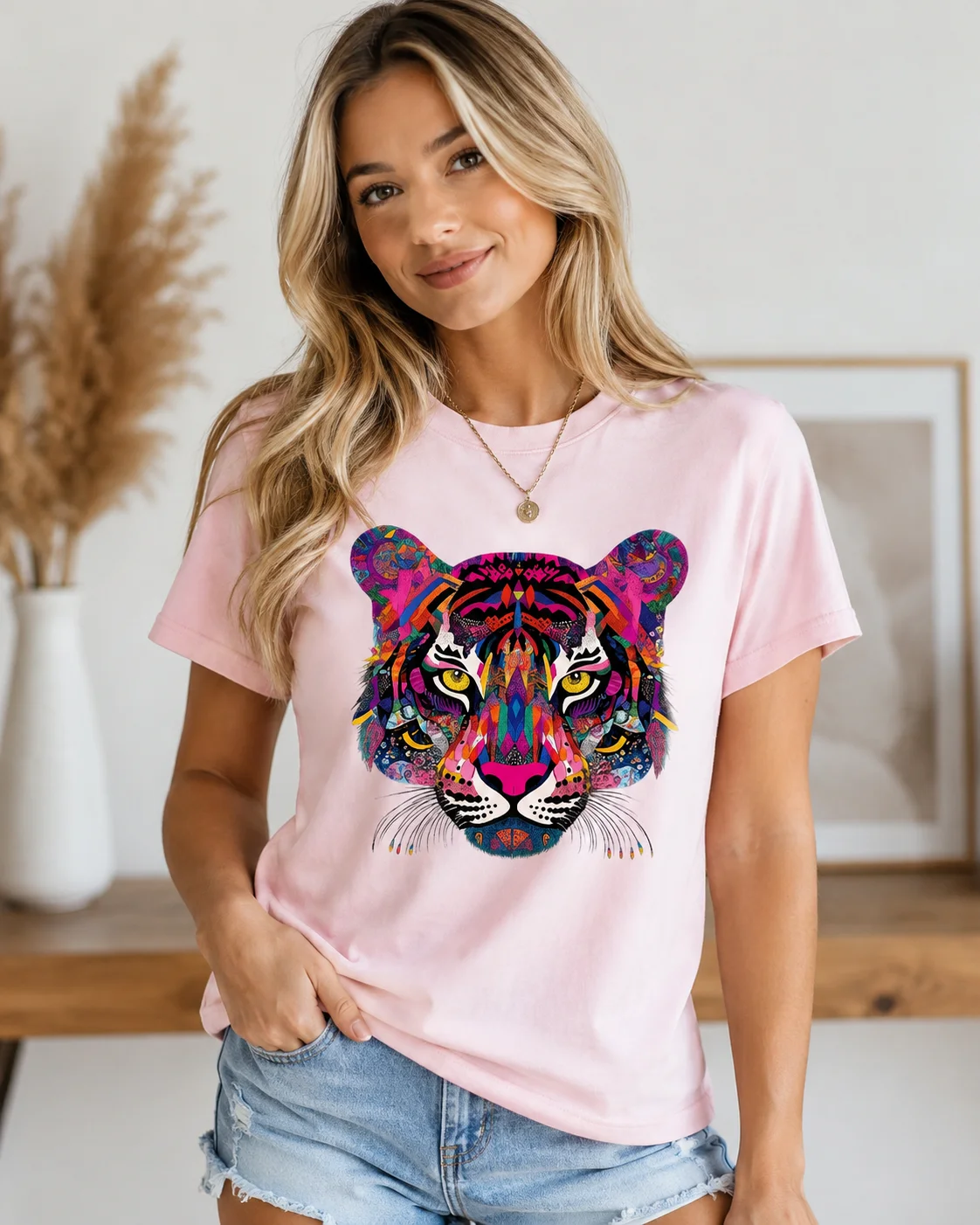 Women's Tiger Head Hot Warrior Colorful Pattern T-shirt Round Neck Casual Fashion T-shirt Plus Size Cotton Shirt Womens Clothing