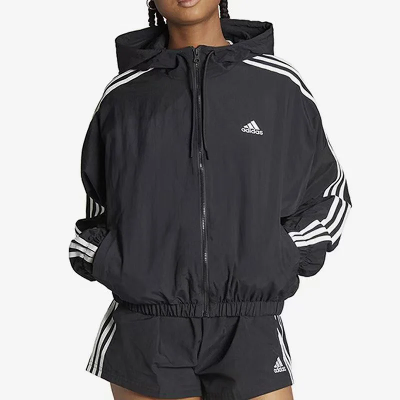 Adidas Essentials W 3S Wvn Wndbr Logo Jacket Women's Embroidered Striped Trim Hooded Short Black Ht3399