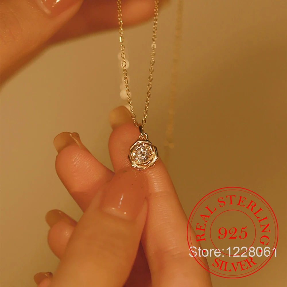 

925 Sterling Silver Jewelry 18K Exquisite Crystal Rose Flower Pendant Necklace For Women Choker Chain Wedding Party Jewelry Gift