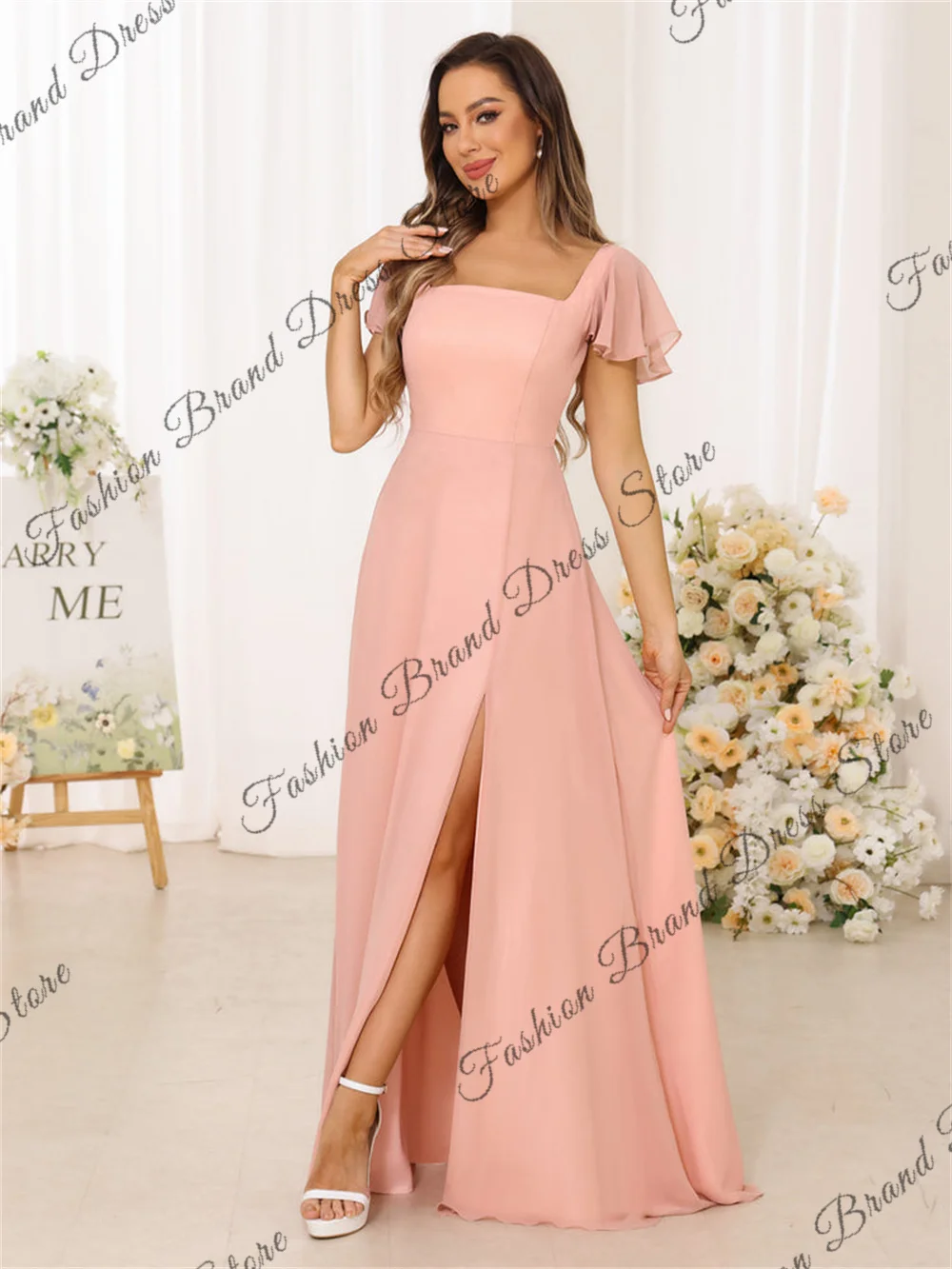 Off-the-shoulder Square Collar Chiffon Bridesmaid Dresses Shrot Sleeves Backless Corset Formal Ball Gowns A-line Long Prom Dress