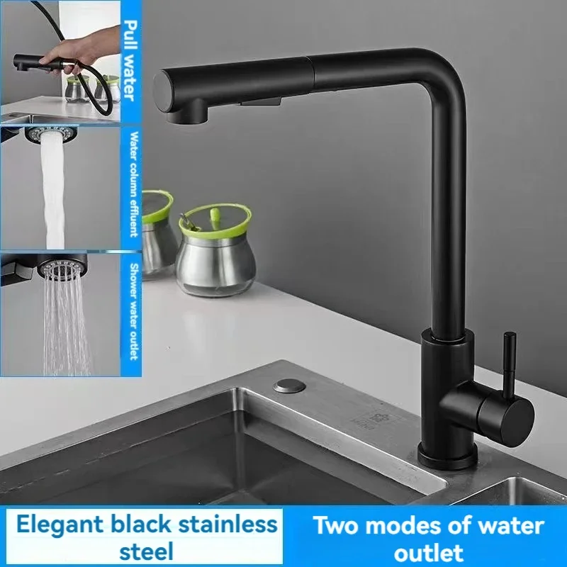 Black Pull Out Kitchen Sink Faucet Flexible 2 Modes Stream & Sprayer Nozzle Faucets Stainless Steel Hot Cold Wate Mixer Tap Deck image 2