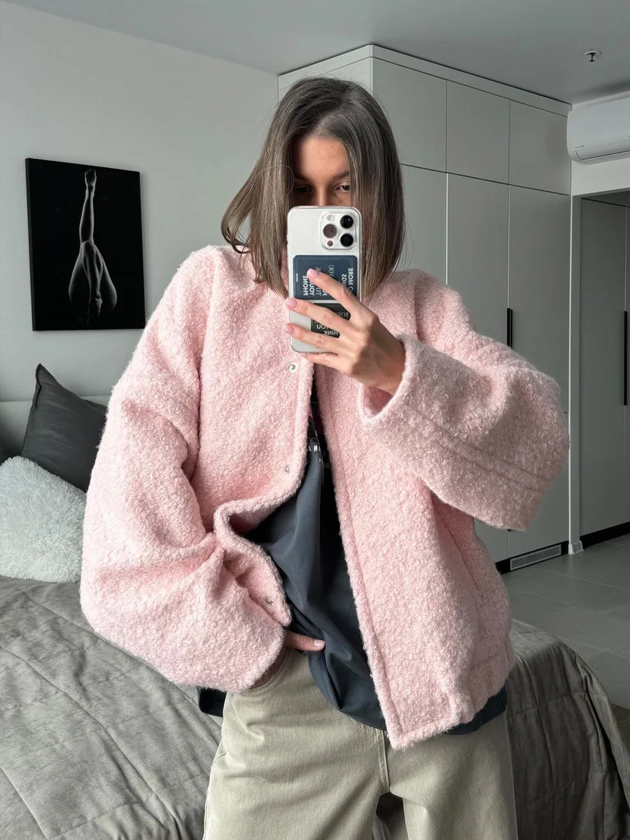 Autumn Winter New Pink Bomber Jacke Casual Stand Up collar Basic Coat Dropped Shoulder Sleeves Short Fur Outerwear