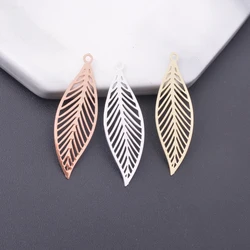 선조 긴 잎 매력 로즈 골드 실버 컬러 펜던트, 황동 주얼리, DIY 주얼리 만들기, 12 개, 32*10mm