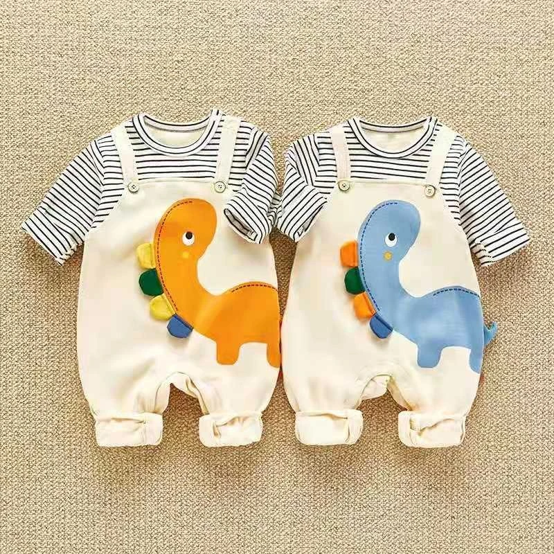 

Unisex Baby Dinosaur Fake Two-Piece Romper Striped Splicing Cartoon Overalls Onesie Cute Outdoor Jumpsuit for Spring & Autumn